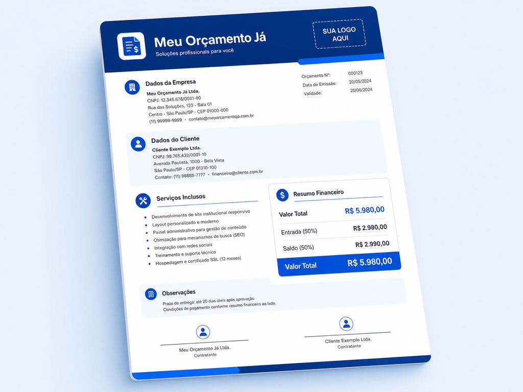 Prévia de um orçamento profissional em PDF gerado pelo Meu Orçamento App