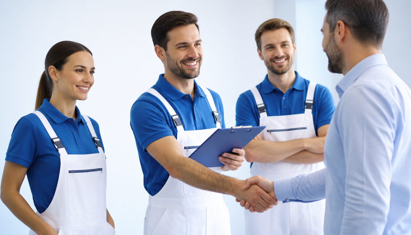 Equipe de prestadores de serviço uniformizados apertando a mão de um cliente